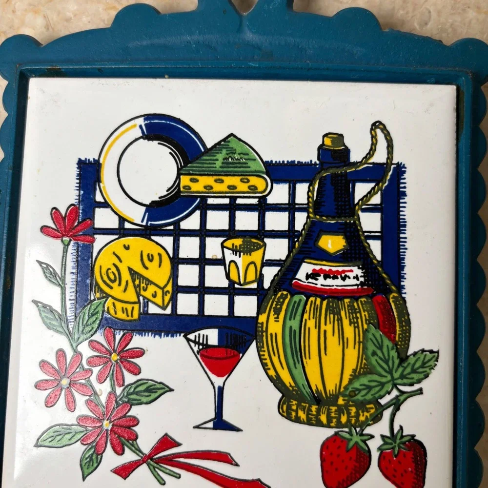 Vintage Italian Style Trivet Hot Pad‎ Cast Iron Teal Ceramic Tile
